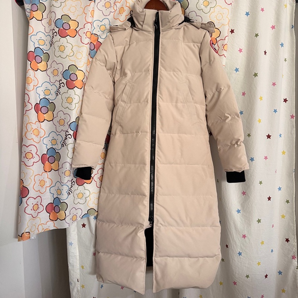 Canada Goose Light Beige Long Puffer Coat with High Collar